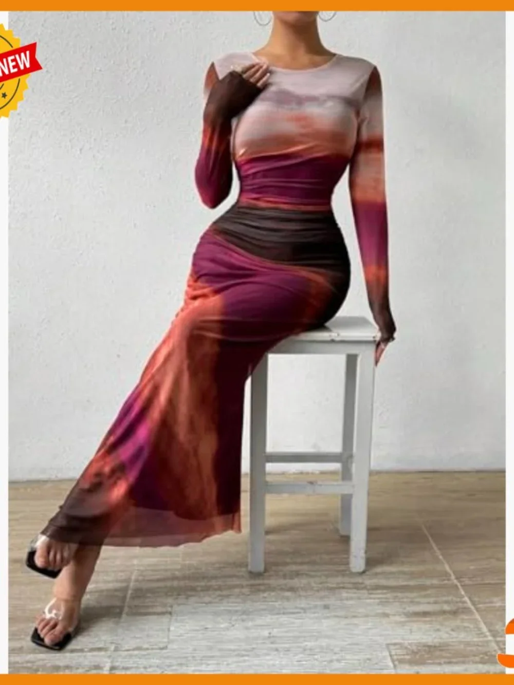 Long Sleeve Maxi Bodycon Dress Ruched Formal Slim Fit Mesh Tie Dye - Picture 4 of 7